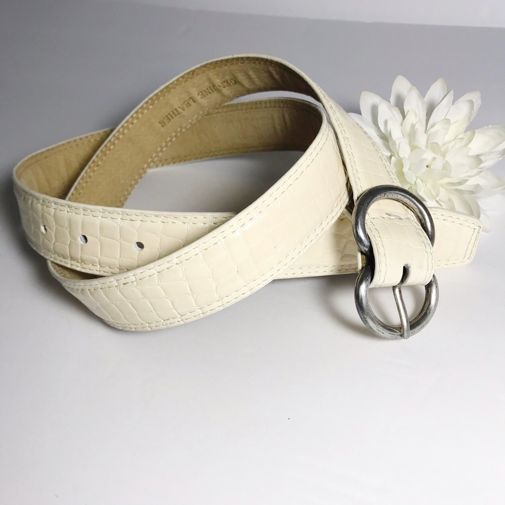 Genuine Leather Off White Croco Embossed Belt Silver Tone Hardware